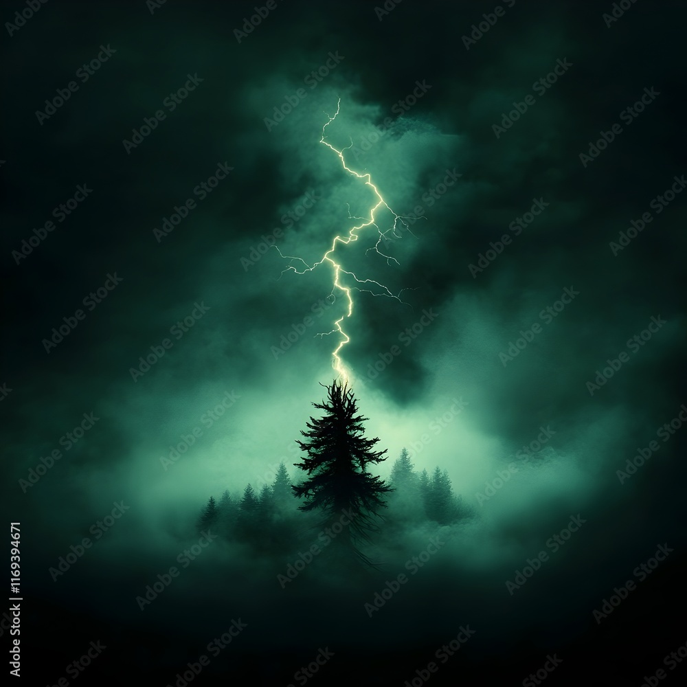 Poster intense otherworldly lightning bolt violently streaking through the brooding tempestuous skies drama