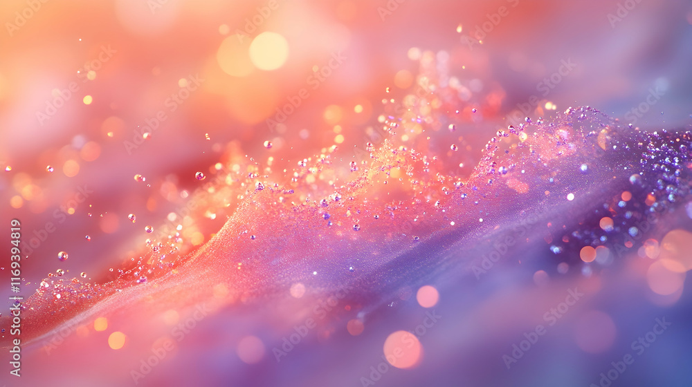 Poster warm abstract bokeh with soft particle glow indoors, set on a smooth peach and lavender color palett