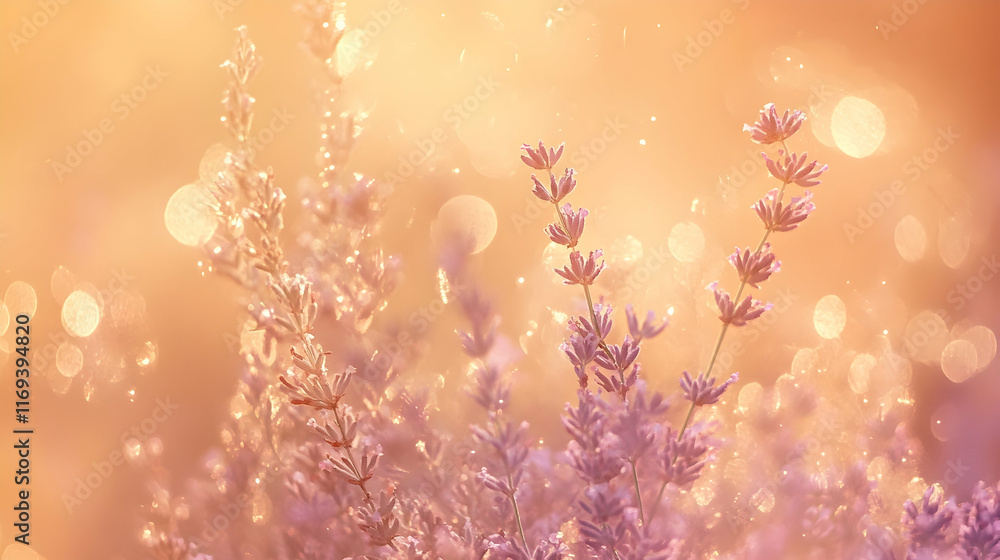Poster warm abstract bokeh with soft particle glow indoors, set on a smooth peach and lavender color palett