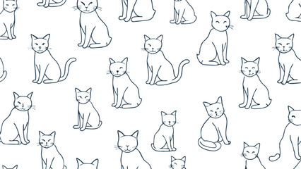 Cats hand drawn in line art style. Seamless pattern