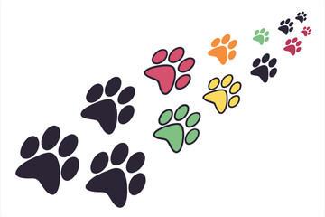 Colorful paw print seamless pattern on black background, various shades of rainbow colors,  simple and flat design,  repeating pet paw prints,  vibrant colors,  solid colors,  vivid illustration,  dec
