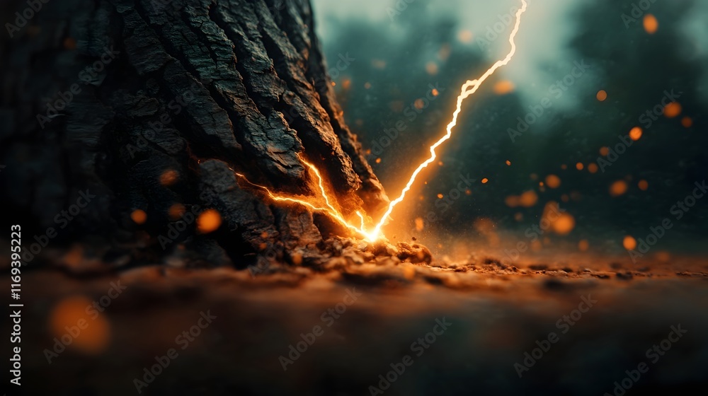 Poster intense cinematic close up of a lightning bolt cracking and splintering the ancient weathered bark o