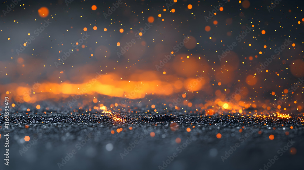 Poster warm orange and lavender bokeh sparkles glowing indoors on a muted grey background with subtle shimm