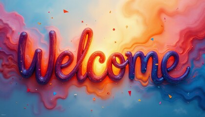 Colorful abstract welcome sign with fluid design on vibrant background