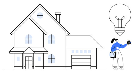 Woman holding miniature house model, modern house with garage, large lightbulb symbolizing innovation and ideas. Ideal for real estate, smart homes, new construction, home design, creativity, energy