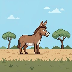 Fototapeta premium Pixel art of a donkey standing on grass against a clear blue sky with clouds.