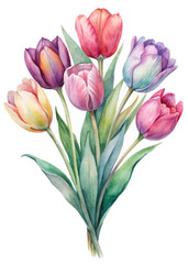 Fototapeta premium Colorful tulip bouquet, vibrant watercolor style, floral arrangement, spring decoration, nature illustration.