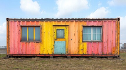 Fototapeta premium Brightly Colored Container House Surrounded by Open Fields Under a Blue Sky with White Clouds, Showcasing Unique Architecture and Vibrant Design Elements