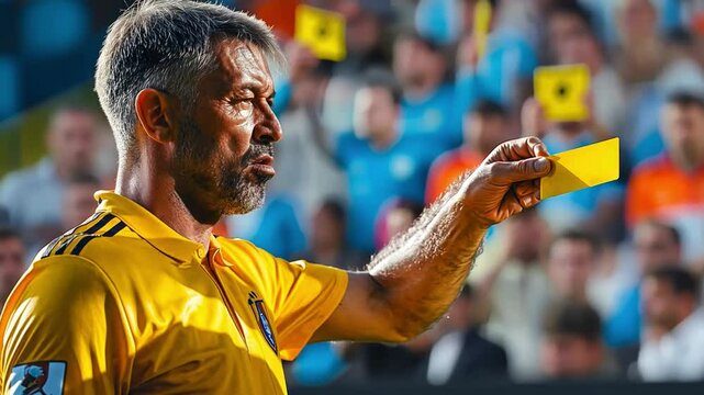 This referee displays a yellow card while managing player conduct in an exciting game.