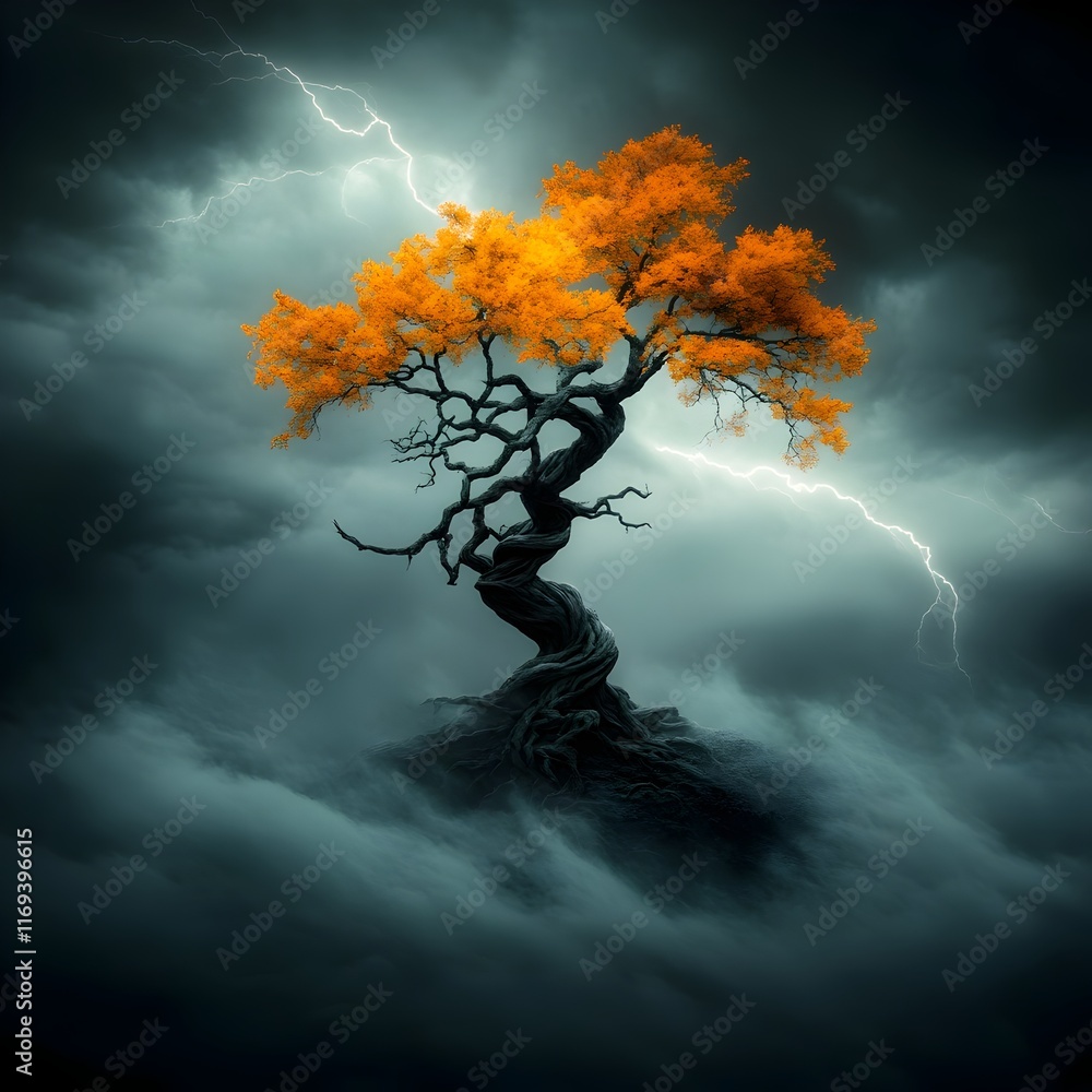 Poster dramatic lightning flashes dramatically illuminating the ominous silhouette of a twisted ancient tre