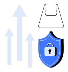 Shopping bag, shield with lock, and upward arrows. Ideal for digital marketing, online shopping, cybersecurity, business growth, protection e-commerce technology development themes. Abstract line