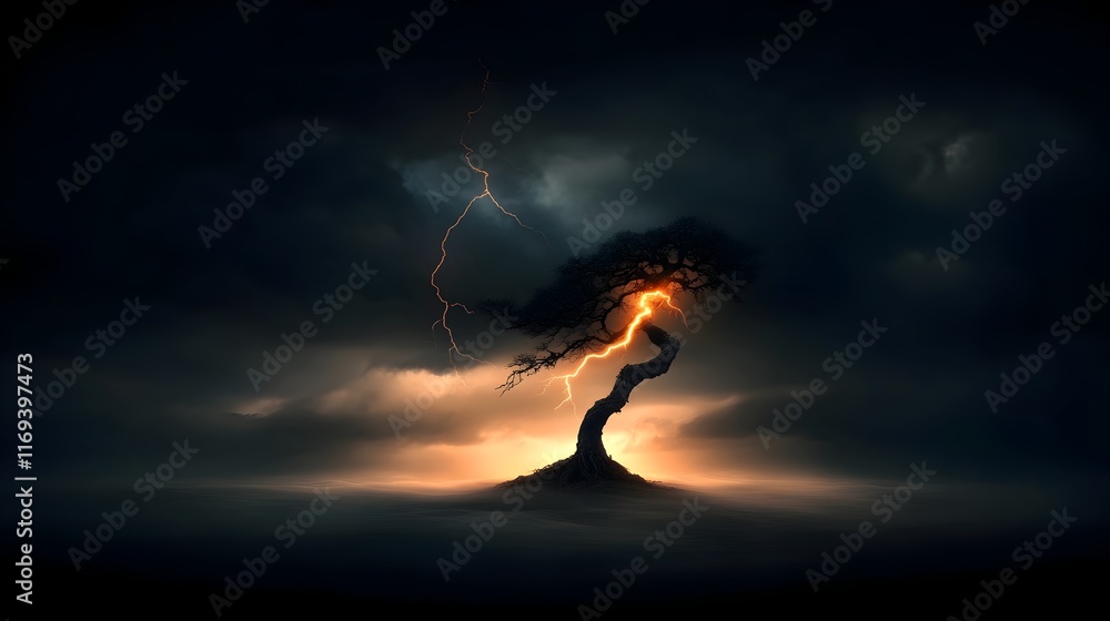Poster dramatic lightning flash illuminating the silhouette of a weathered ancient tree on a stormy horizon