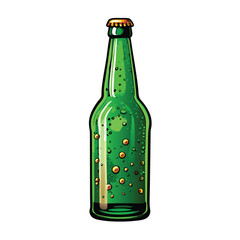 A green glass beer bottle with water droplets on it.