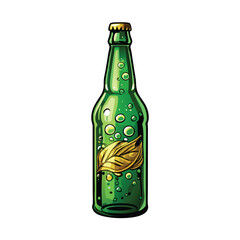 A cartoon illustration of a green glass beer bottle with water droplets and a gold leaf.