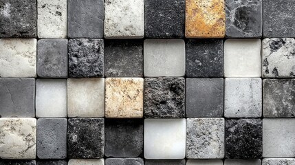 Textured Mosaic Tile Background Featuring Various Shades of Gray, Black, and Cream Cubes Arranged in a Geometric Pattern for Design Inspirations