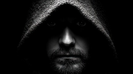 Obraz premium Hooded man's intense face in shadows.