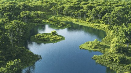 Fototapeta premium Serene river meanders through lush green forest.