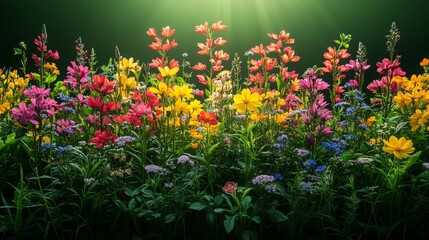 Obraz premium Vibrant Garden of Wildflowers Bathed in Warm Sunshine with a Background of Lush Greenery, Displaying a Kaleidoscope of Colorful Blooms in Full Bloom