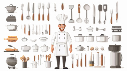 Professional chef character with various kitchen utensils in vector cartoon illustration