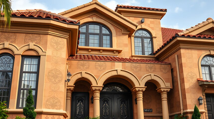 A tan stucco Mediterranean-style house with arched entryways, multiple windows, and a red tile roof.  Decorative molding and columns accent the façade.  Landscaping is visible at the base.