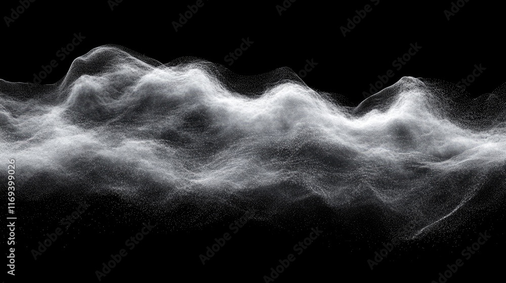 Poster white particles form a wave-like abstract shape on a black background. use for backgrounds, motion g