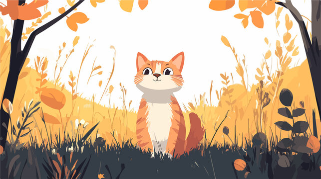 Charming cat in forest: Wide-angle shot of adorable woodland feline character