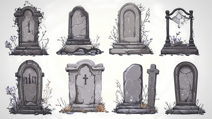 Obraz premium Set collection of halloween gravestones and tombstones mockup, perfect photo for banners and social media, isolated on transparent background, png. Cenotaph. Illustration