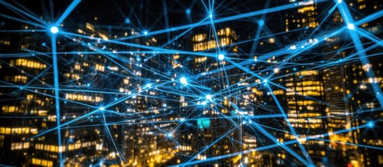 Fototapeta premium Network connection over illuminated cityscape at night.