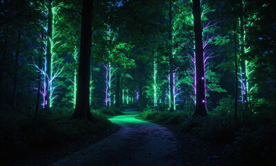 Obraz premium A surreal scene of a forest where the trees have glowing leaves in neon colors A mystical forest scene where