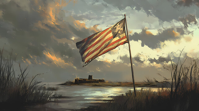The first confederate navy jack, waving flag. Cenotaph. Illustration