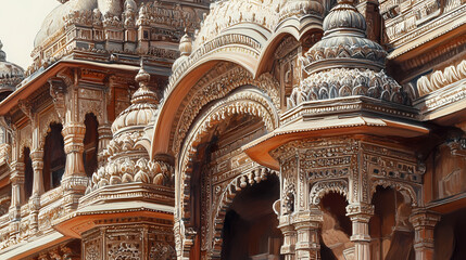 The intricately designed cenotaphs at the royal gaitor in jaipur, with detailed carvings and domes. Cenotaph. Illustration