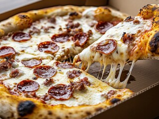 Mouthwatering Pepperoni Pizza with Melting Cheese and Crispy Crust Served Fresh from the Oven in a Takeout Box, Perfect for Food Lovers and Gatherings