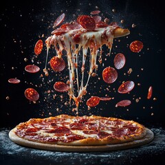 Mouthwatering Pepperoni Pizza with Cheese Stretch and Flying Toppings, Captivating Dark Background, Perfect for Food Photography and Culinary Promotions