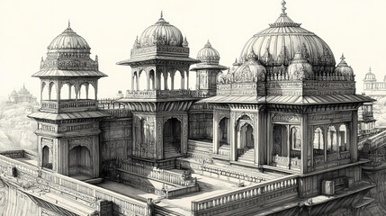 Fototapeta premium The intricately designed cenotaphs at the royal gaitor in jaipur, with detailed carvings and domes. Cenotaph. Illustration