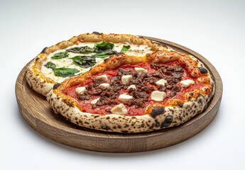 Mouthwatering Rustic Pizza with Rich Toppings and Fresh Basil Leaves on Wooden Serving Board, Perfect for Culinary Photography and Food Lovers