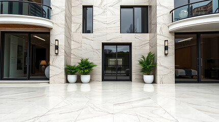 Modern Building Entrance with Marble Facade and Glass Balconies