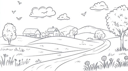 Obraz premium A Simple Countryside Scene With Houses and Birds