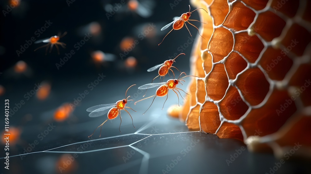 Poster microscopic reveal of delicate insect forms following complex pheromone pathways through a hive like