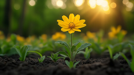 Yellow daisy blooming in garden soil, spring growth concept