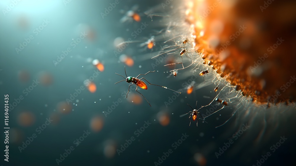 Poster mesmerizing microscopic view of tiny insects following invisible pheromone pathways through complex 