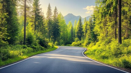 Fototapeta premium Scenic Mountain Road Surrounded by Lush Green Forest and Majestic Pines, Perfect for Outdoor Adventures and Nature Exploration in a Serene Environment