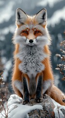 Stunning red fox perched on a rock amidst snow-covered landscape during winter in a serene forest environment