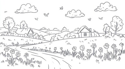 A charming countryside scene with houses and winding road