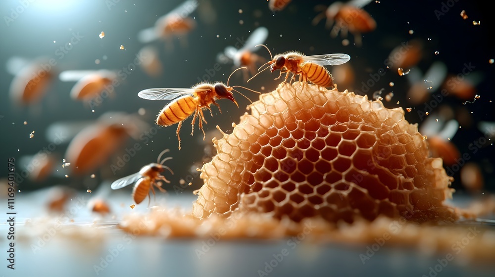 Poster microscopic view of tiny insects following invisible pheromone pathways traversing complex hive like