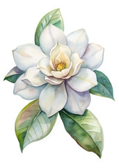 Obraz premium Elegant white magnolia flower, watercolor illustration, botanical art, soft colors, nature-inspired design, floral decor.