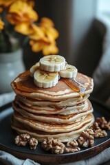Stack of fluffy pancakes topped with banana slices and walnuts on a rustic plate, surrounded by warm lighting and flowers