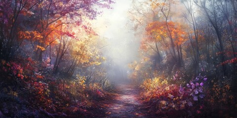 Autumnal Pathway Through A Misty Forest Scene