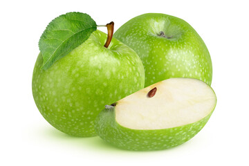 Green apples with a leaf on an isolated white background. 3 fruits - two whole apples and one slice with a seed.