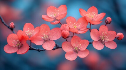 Beautiful Cherry Blossom Flowers in Full Bloom on a Branch with Soft Focus Background and Subtle Blue Hues, Capturing the Essence of Springtime Serenity