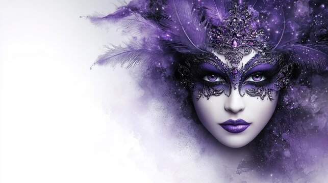 A mysterious woman wears an elaborate purple feathered mask. Ideal for masquerade ball invitations, fantasy art, or book covers.